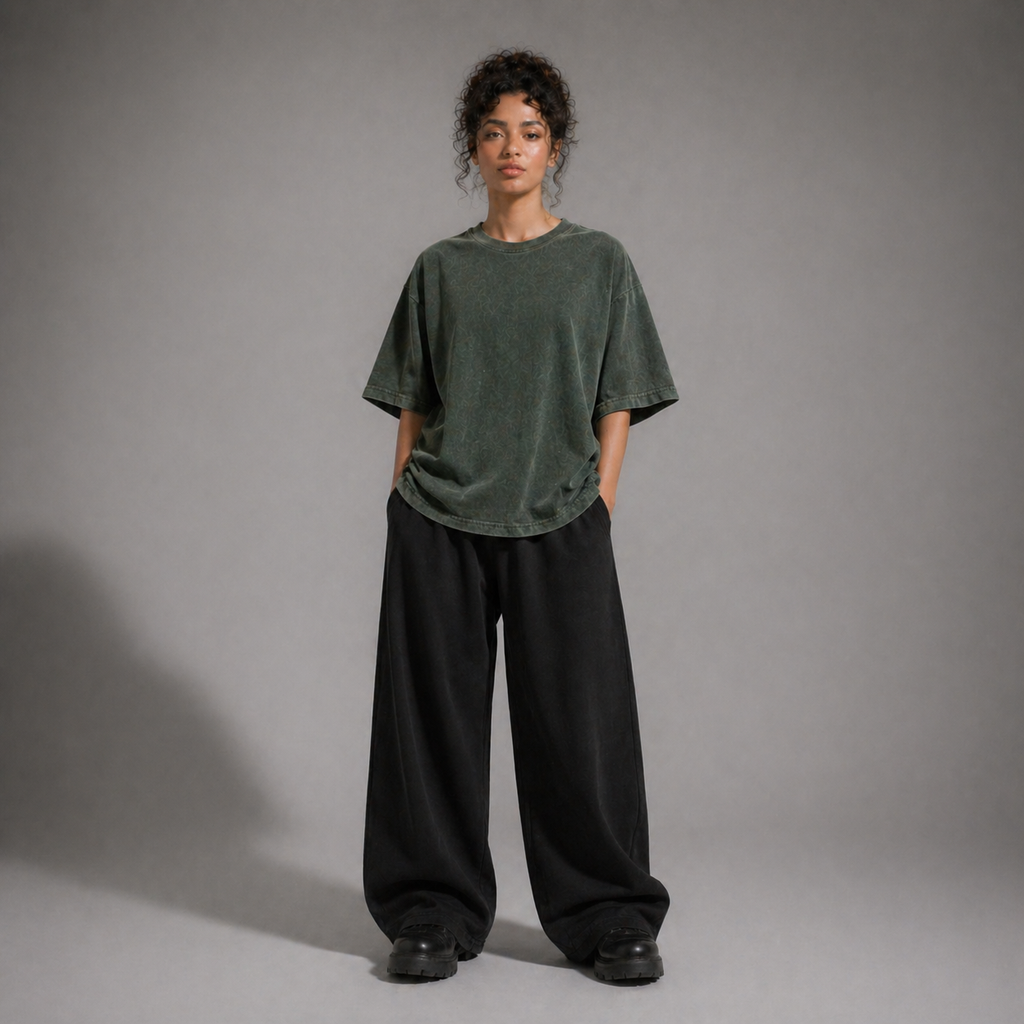 Person wearing a loose-fitting green t-shirt and black pants against a gray background