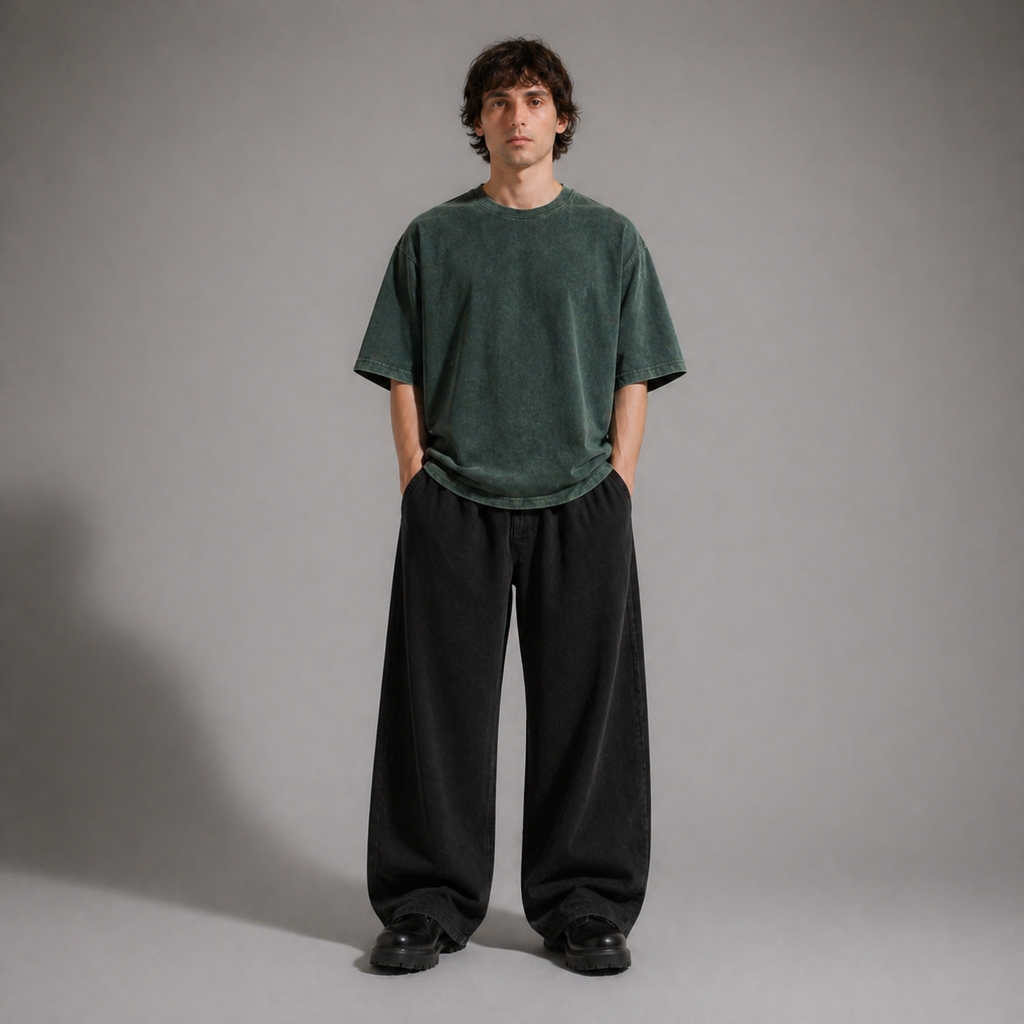 Person wearing a green t-shirt and black pants against a gray background