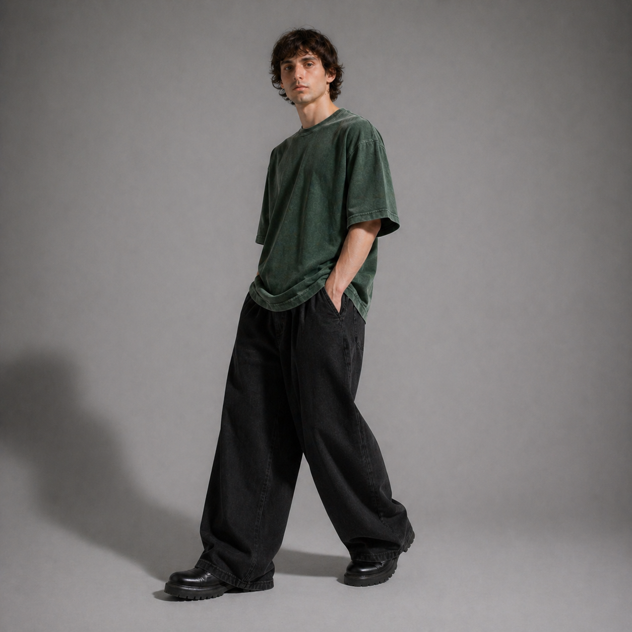 Man wearing a green oversized t-shirt and black pants against a gray background