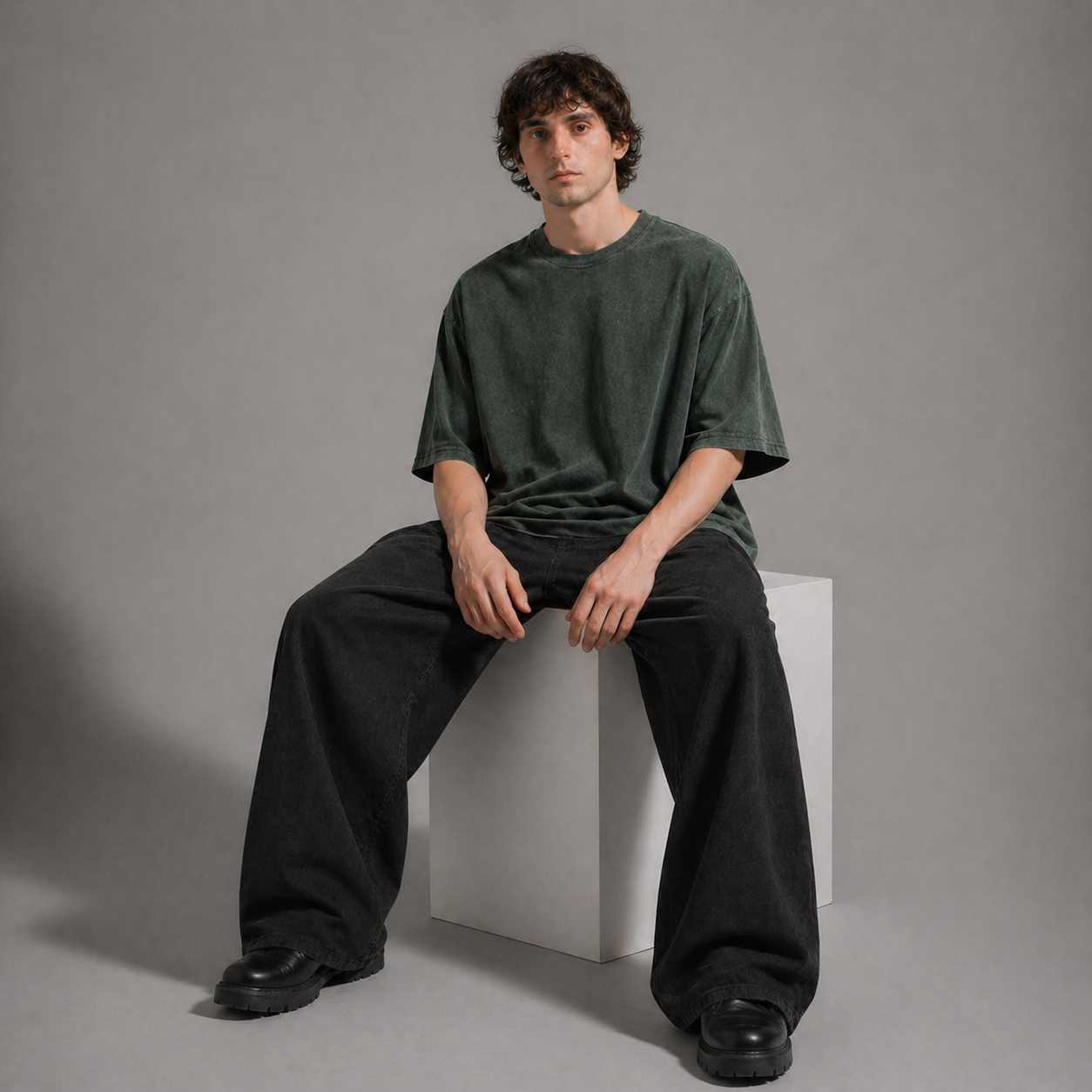 Man sitting on a white cube wearing a green t-shirt and black pants against a gray background