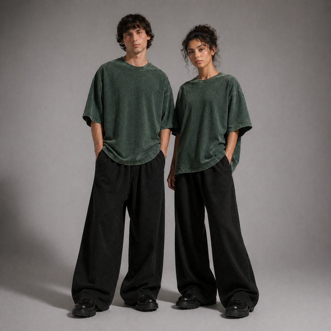 Two people wearing matching green oversized shirts and black pants against a gray background