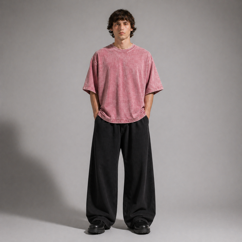 Person wearing a pink t-shirt and black pants against a gray background