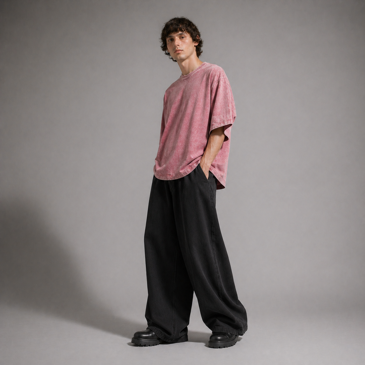 Person wearing a pink oversized shirt and black pants against a gray background