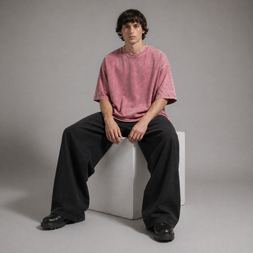 Person wearing a pink shirt and black pants sitting on a white cube against a gray background