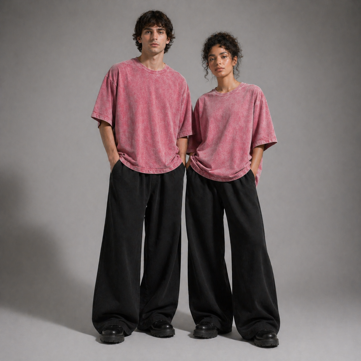 Two people wearing matching pink t-shirts and black pants against a gray background