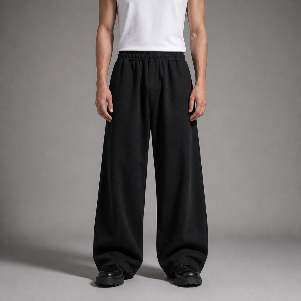 Person wearing black wide-leg pants and a white shirt on a gray background

شخص يرتدي بنطالًا أسود واسع الساق وقميصًا أبيض على خلفية رمادية