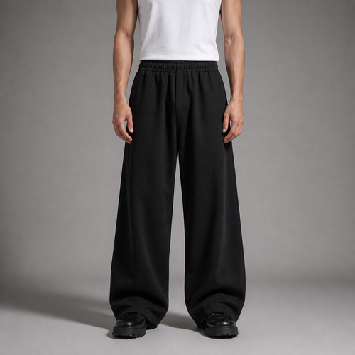 Person wearing black wide-leg pants and a white shirt on a gray background

شخص يرتدي بنطالًا أسود واسع الساق وقميصًا أبيض على خلفية رمادية