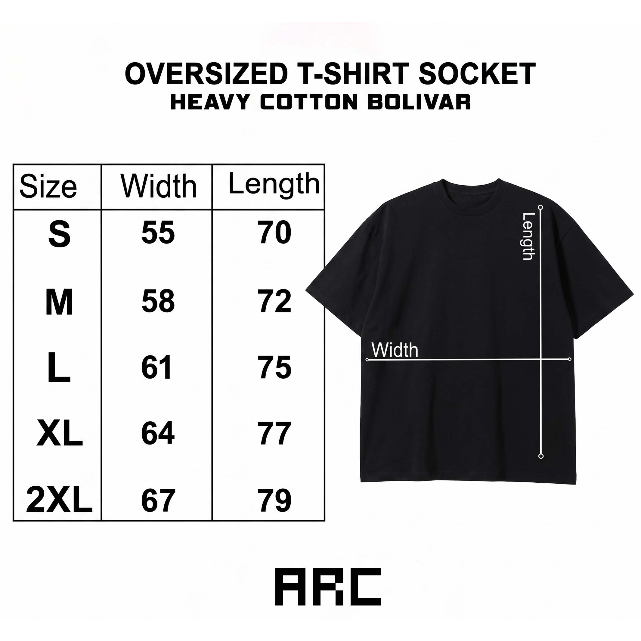 Black t-shirt with size chart and measurements on a white background