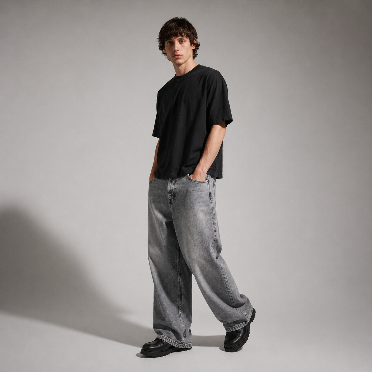 Person wearing a black t-shirt and gray jeans against a plain background