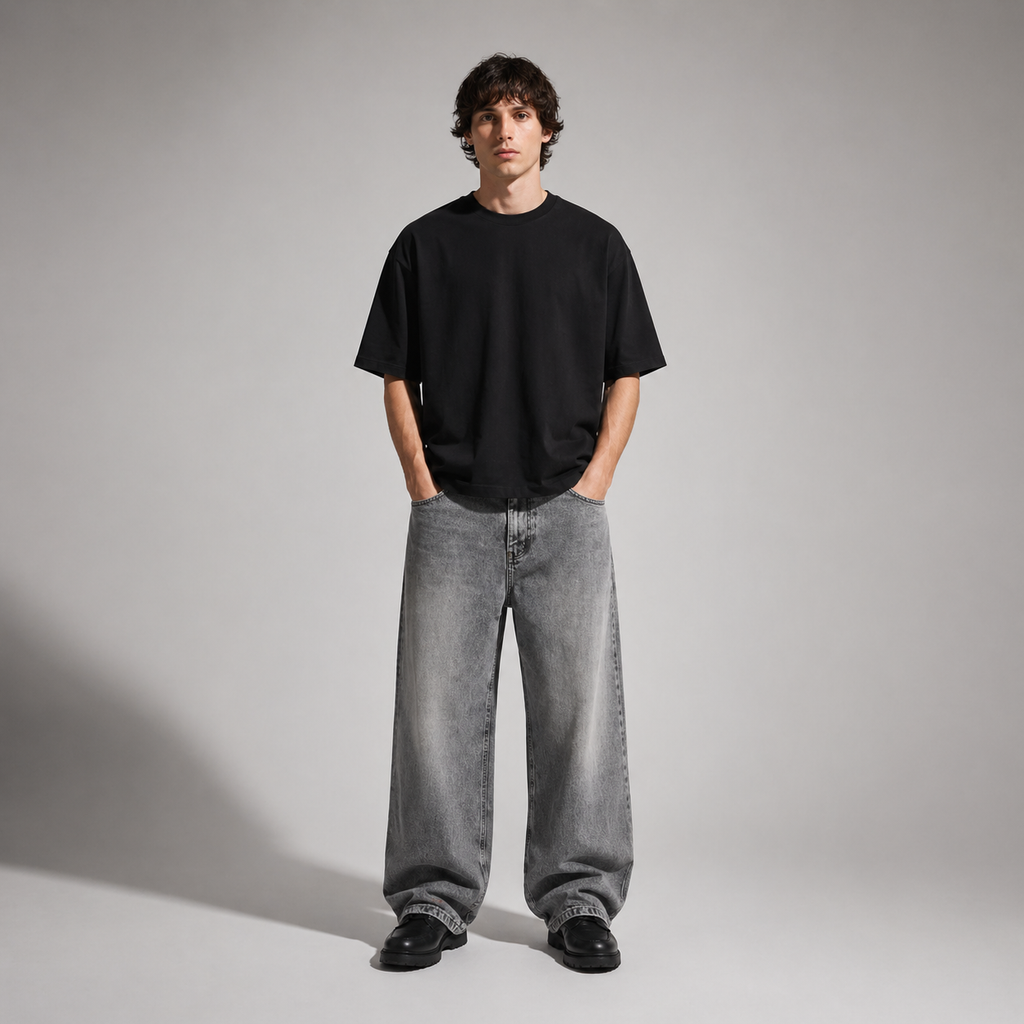 Person wearing a black t-shirt and gray jeans standing against a plain background