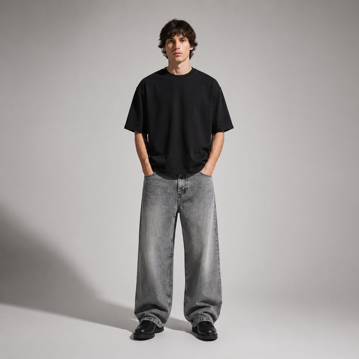 Person wearing a black t-shirt and gray jeans standing against a plain background
