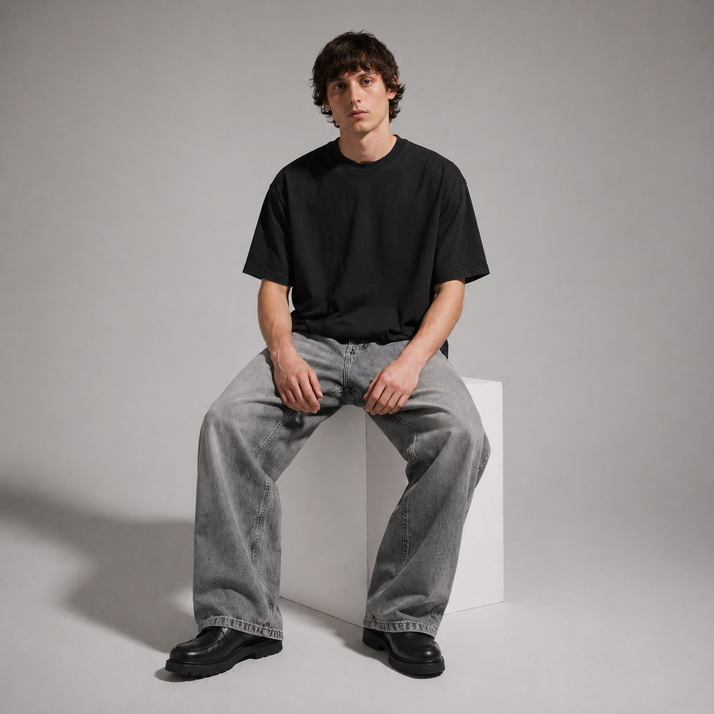 Person wearing a black t-shirt and gray jeans sitting on a white cube against a plain background