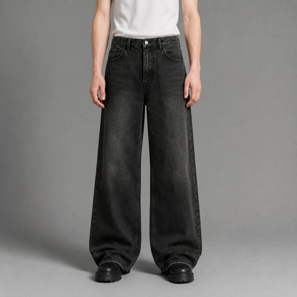 Person wearing black wide-leg jeans on a gray background