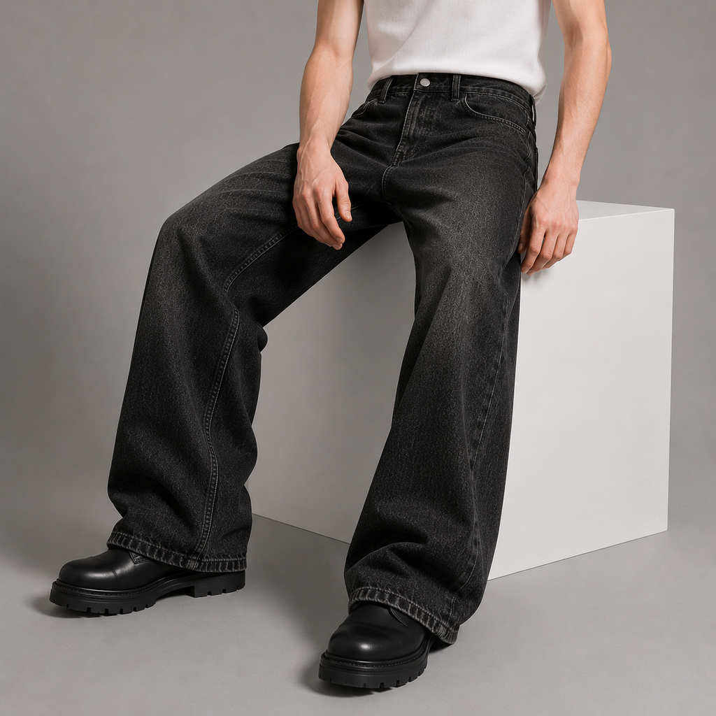 Person wearing black jeans and black shoes on a gray background
