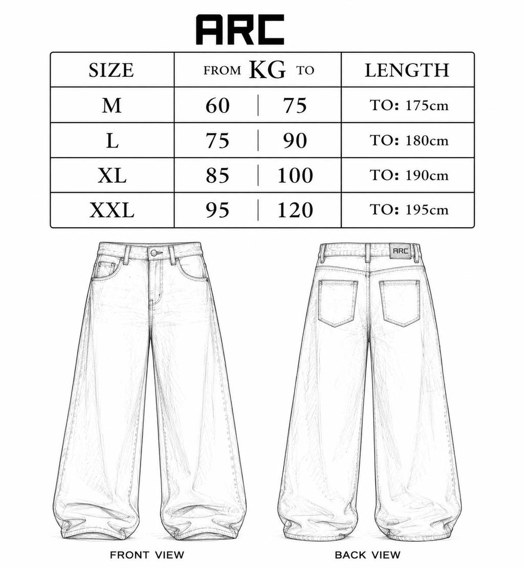 Size chart for pants with front and back views, showing weight and length ranges.