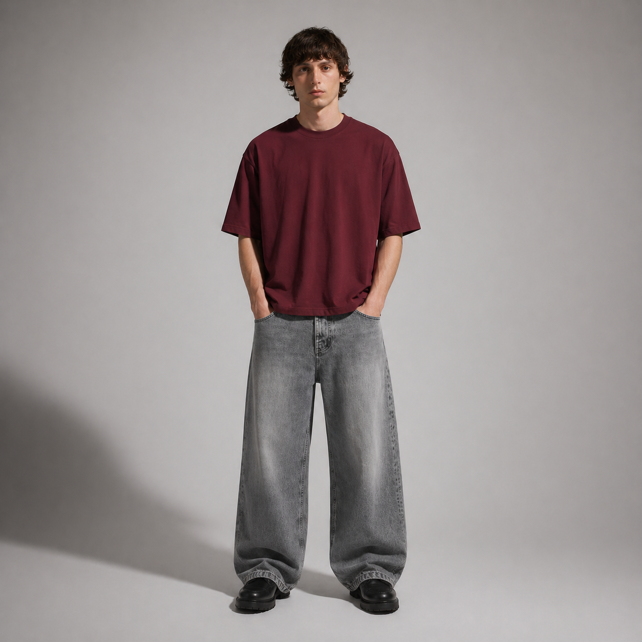Person wearing a burgundy t-shirt and gray jeans against a plain background