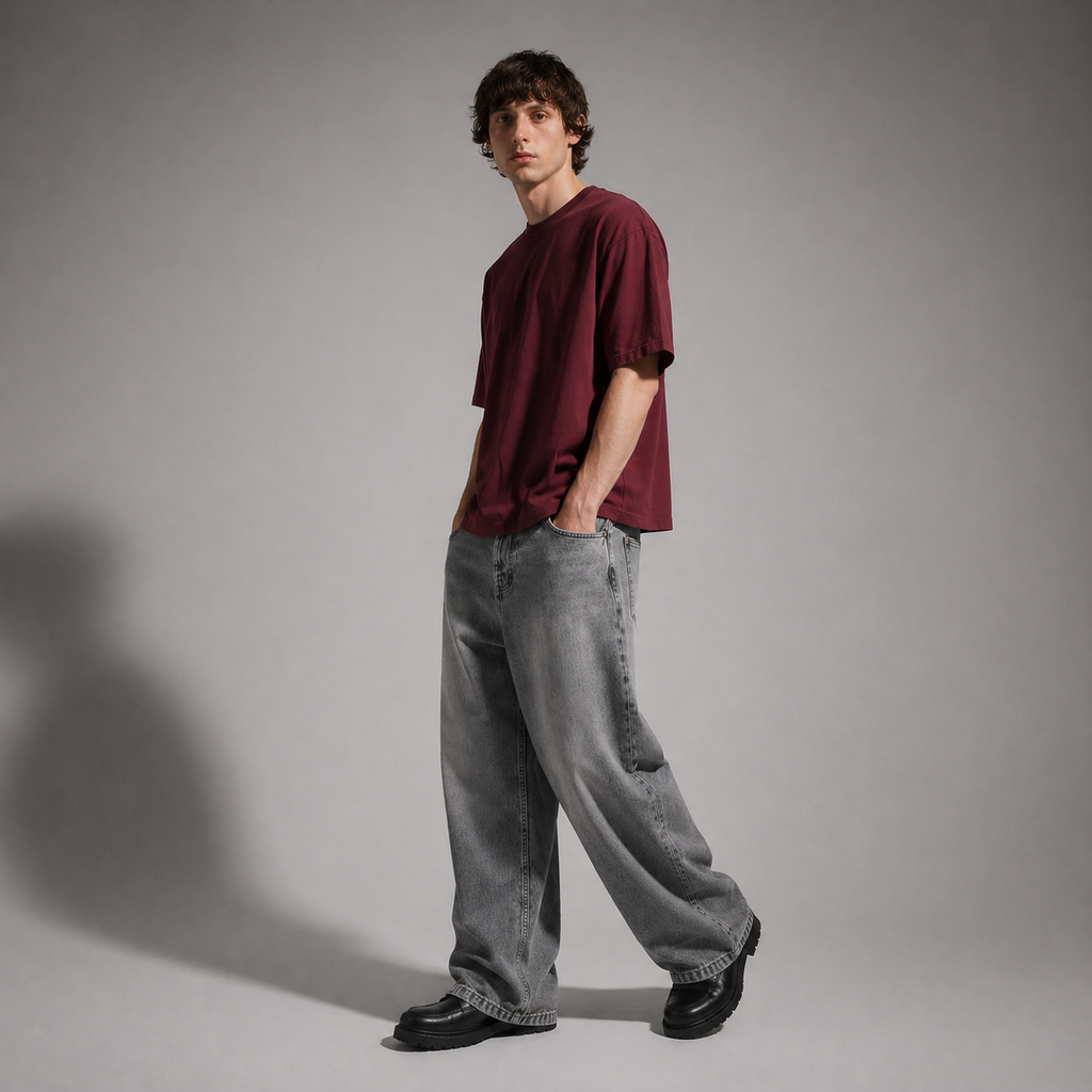 Man wearing a burgundy t-shirt and gray jeans against a plain background