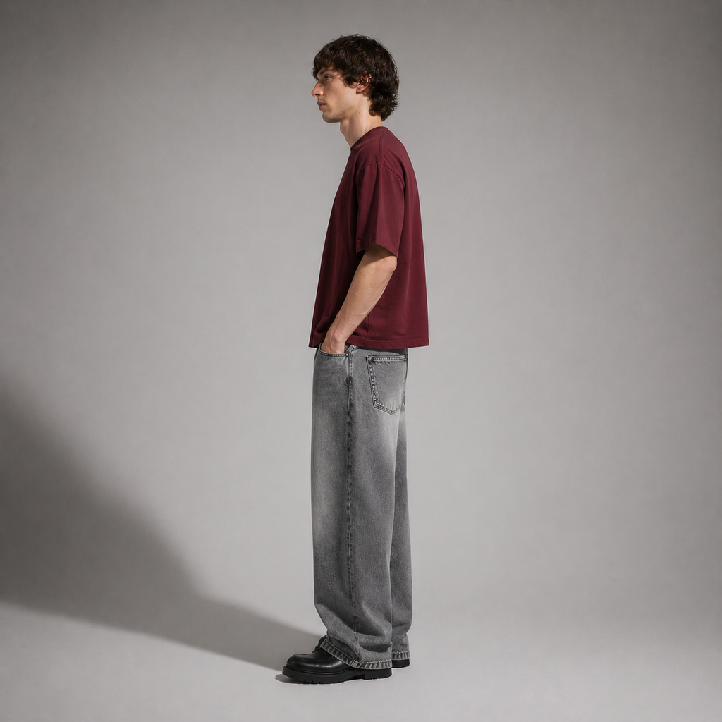 Person wearing a burgundy shirt and gray jeans standing against a plain background