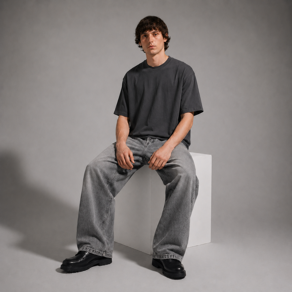 Man sitting on a white cube wearing a dark t-shirt and gray jeans against a gray background