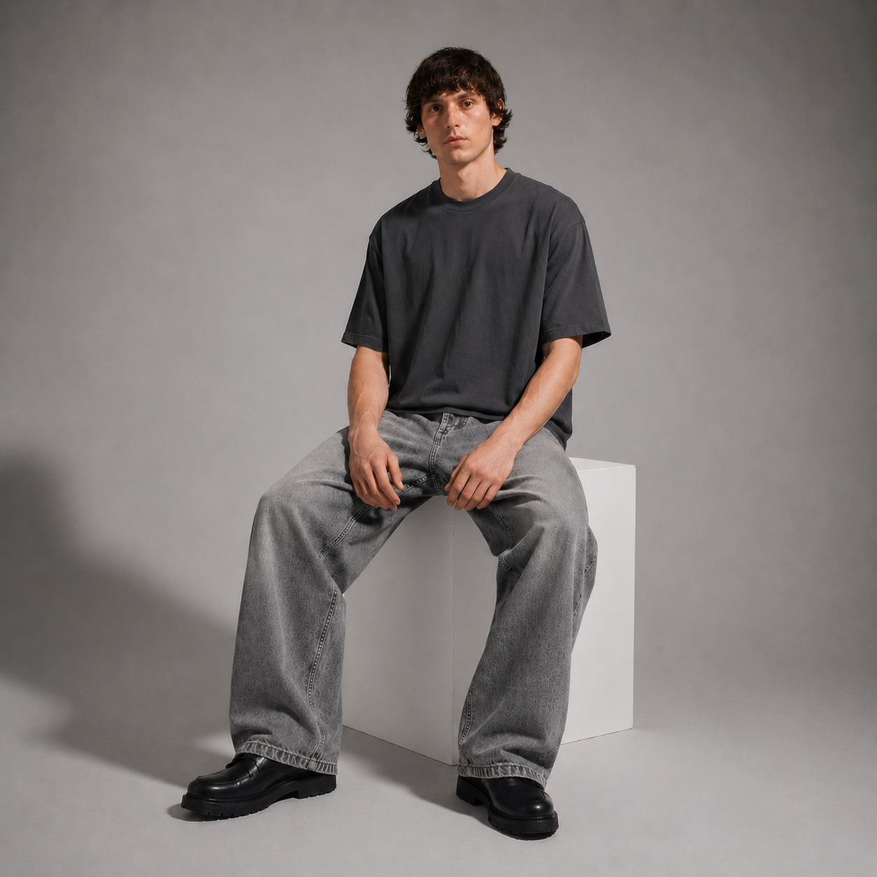 Man sitting on a white cube wearing a dark t-shirt and gray jeans against a gray background