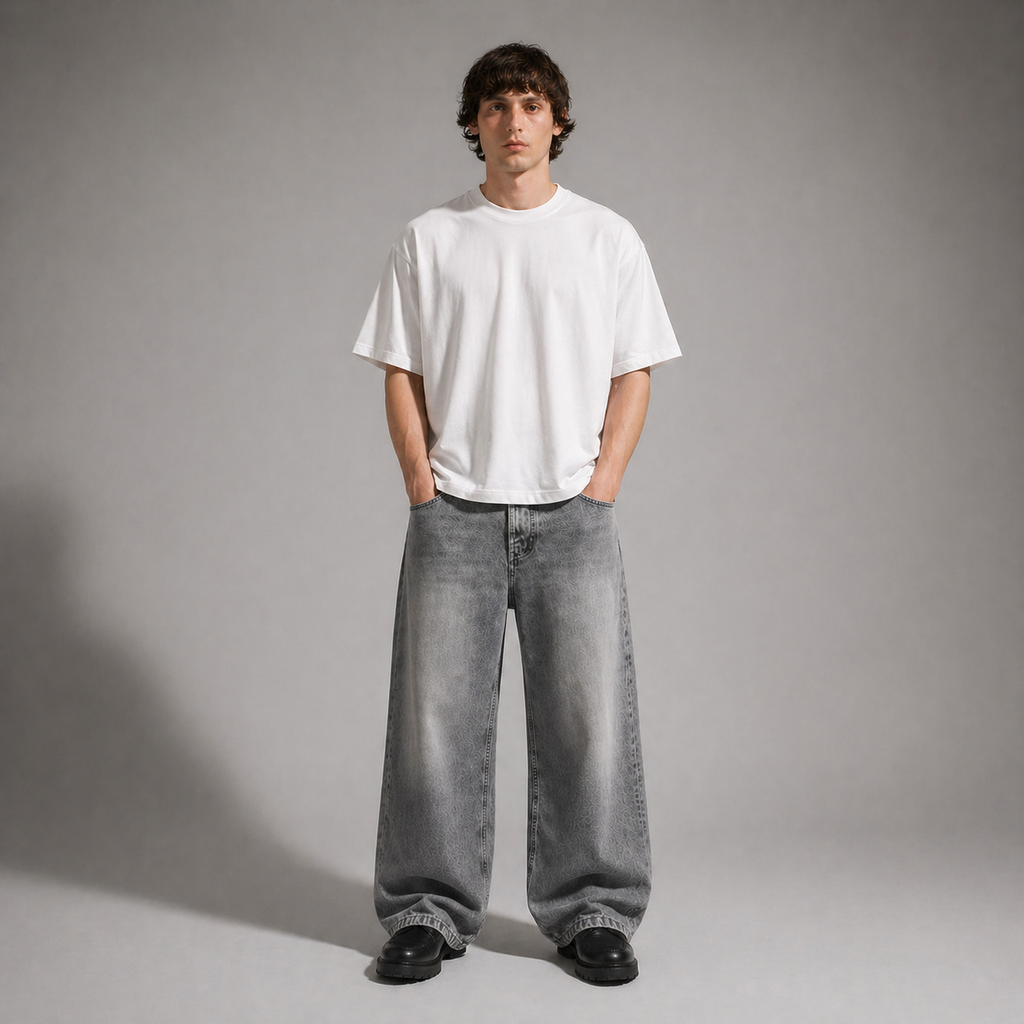 Person wearing a white t-shirt and gray jeans against a plain background