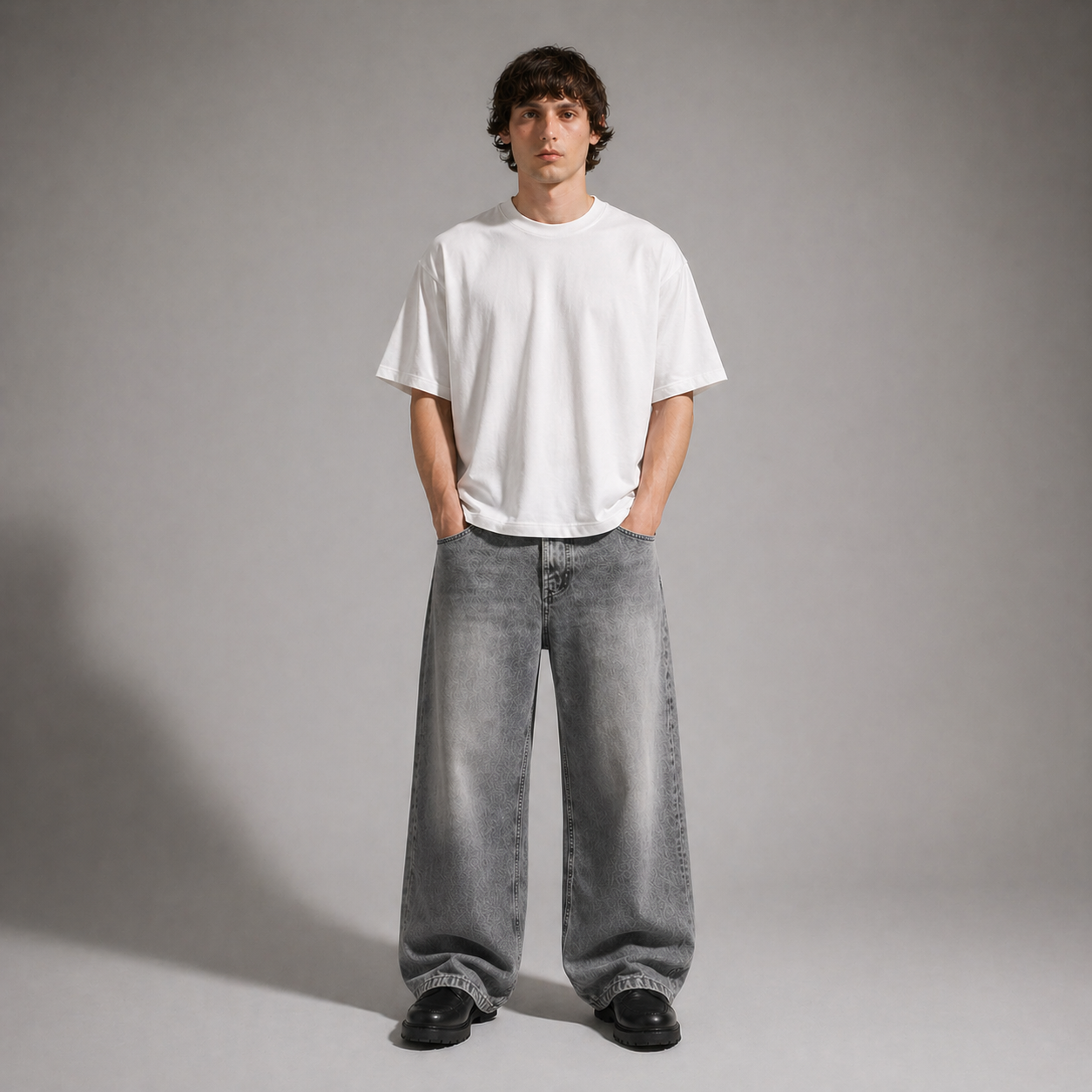 Person wearing a white t-shirt and gray jeans against a plain background