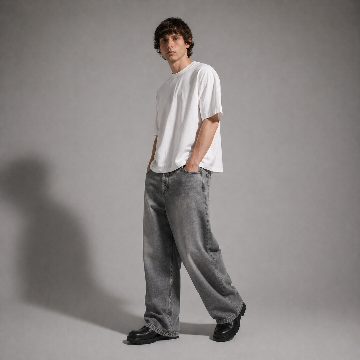 Man wearing a white t-shirt and gray jeans standing against a plain background