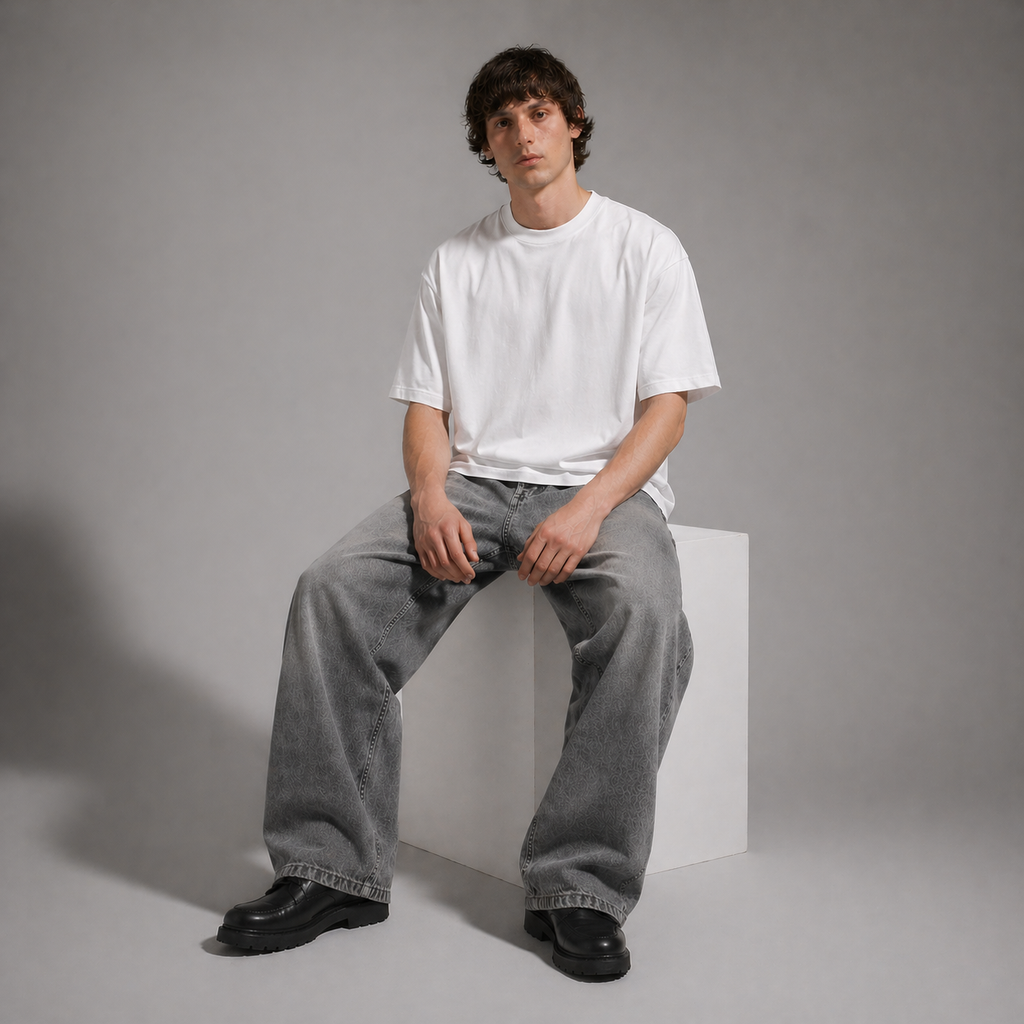 Person wearing a white t-shirt and gray jeans sitting on a white block against a gray background