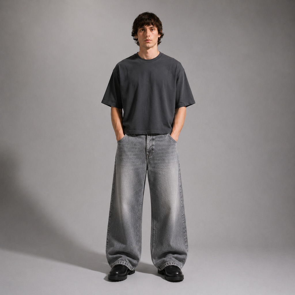 Person wearing a dark gray t-shirt and light gray jeans against a plain background