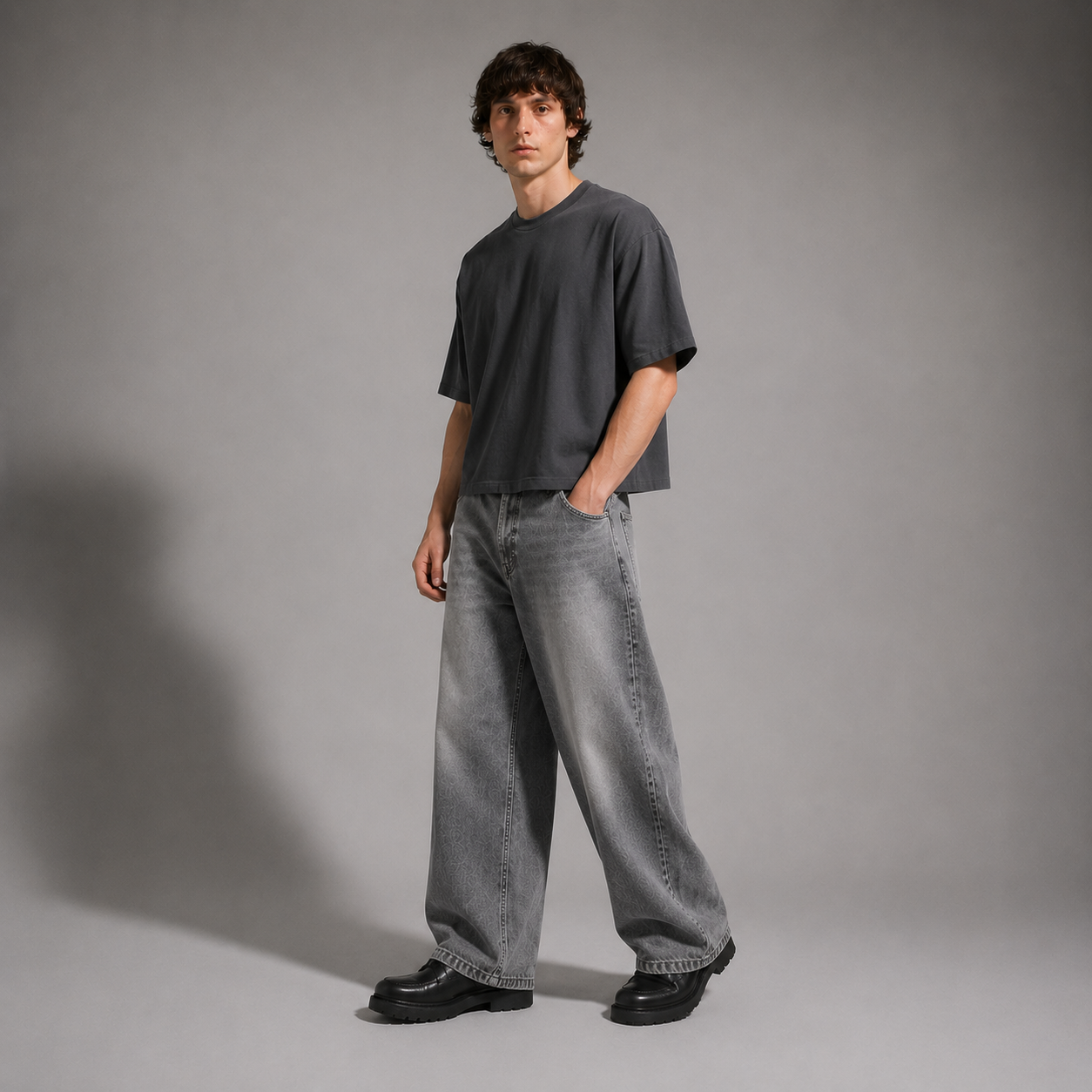 Man wearing a dark gray t-shirt and light gray jeans against a plain background