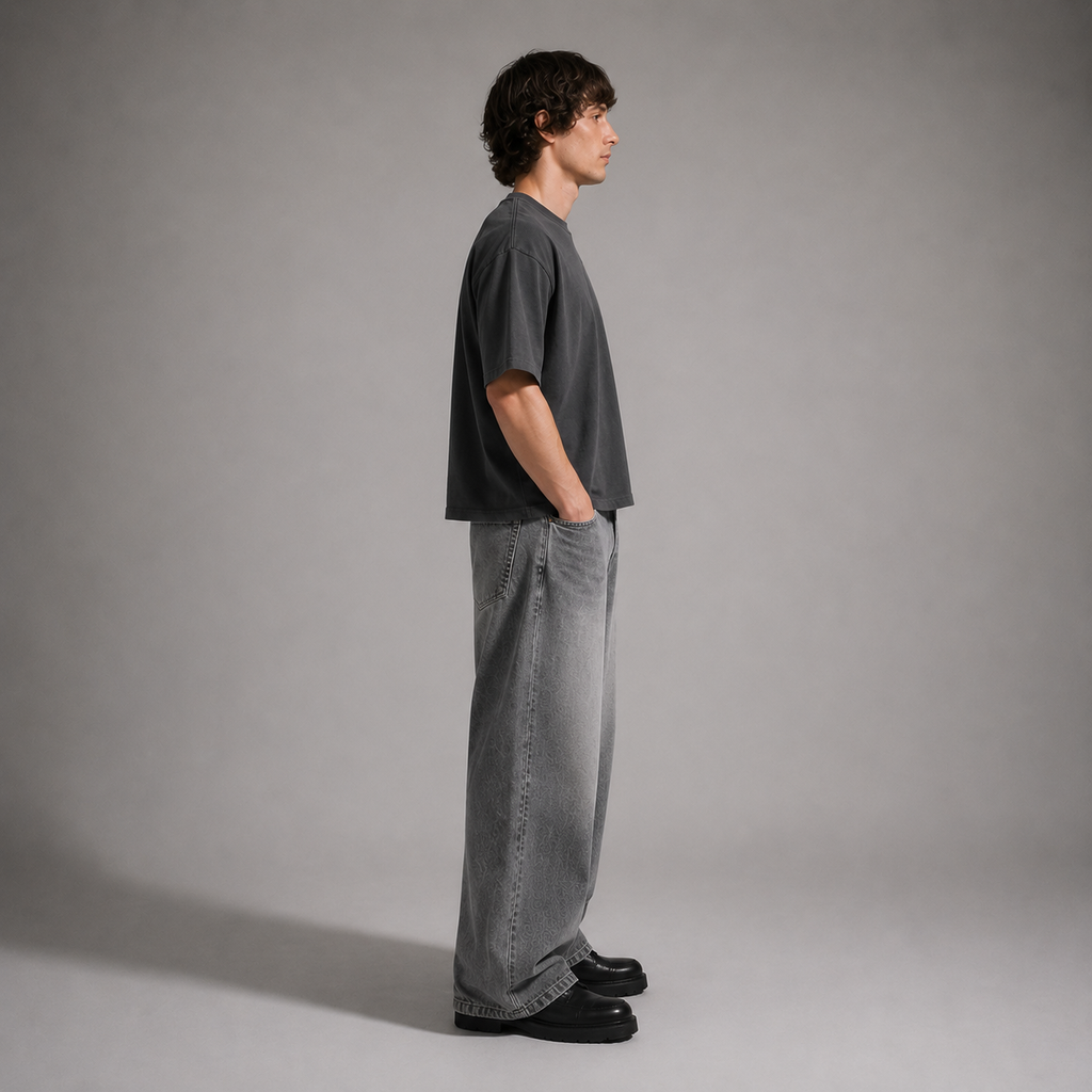 Person wearing a dark gray t-shirt and light gray jeans standing against a plain background