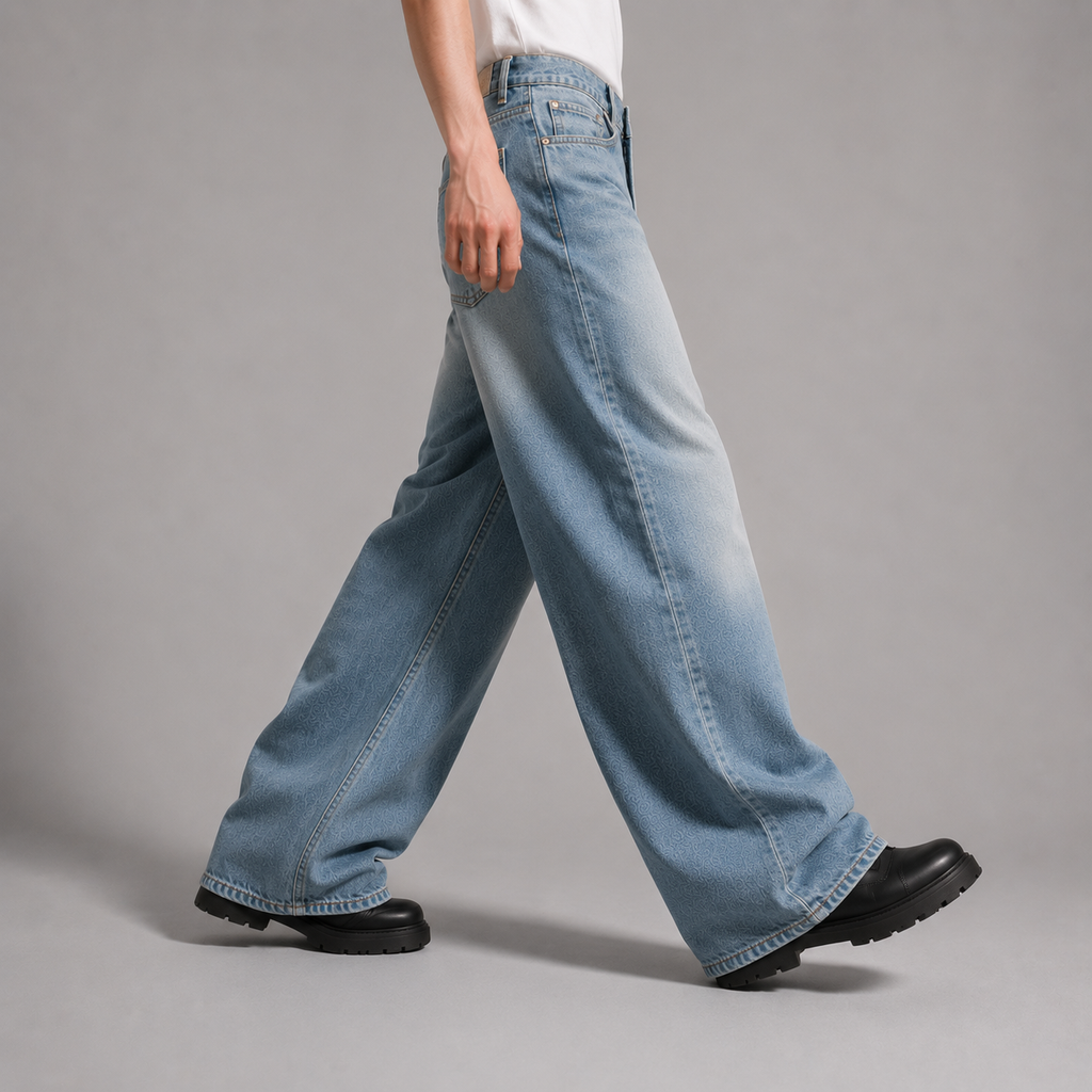 Person wearing light blue jeans on a gray background