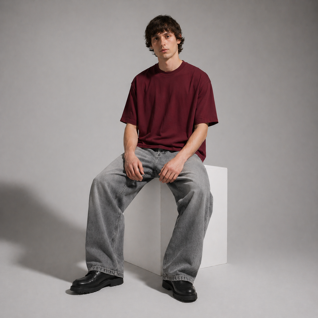 Man sitting on a white cube wearing a maroon t-shirt and gray jeans against a plain background