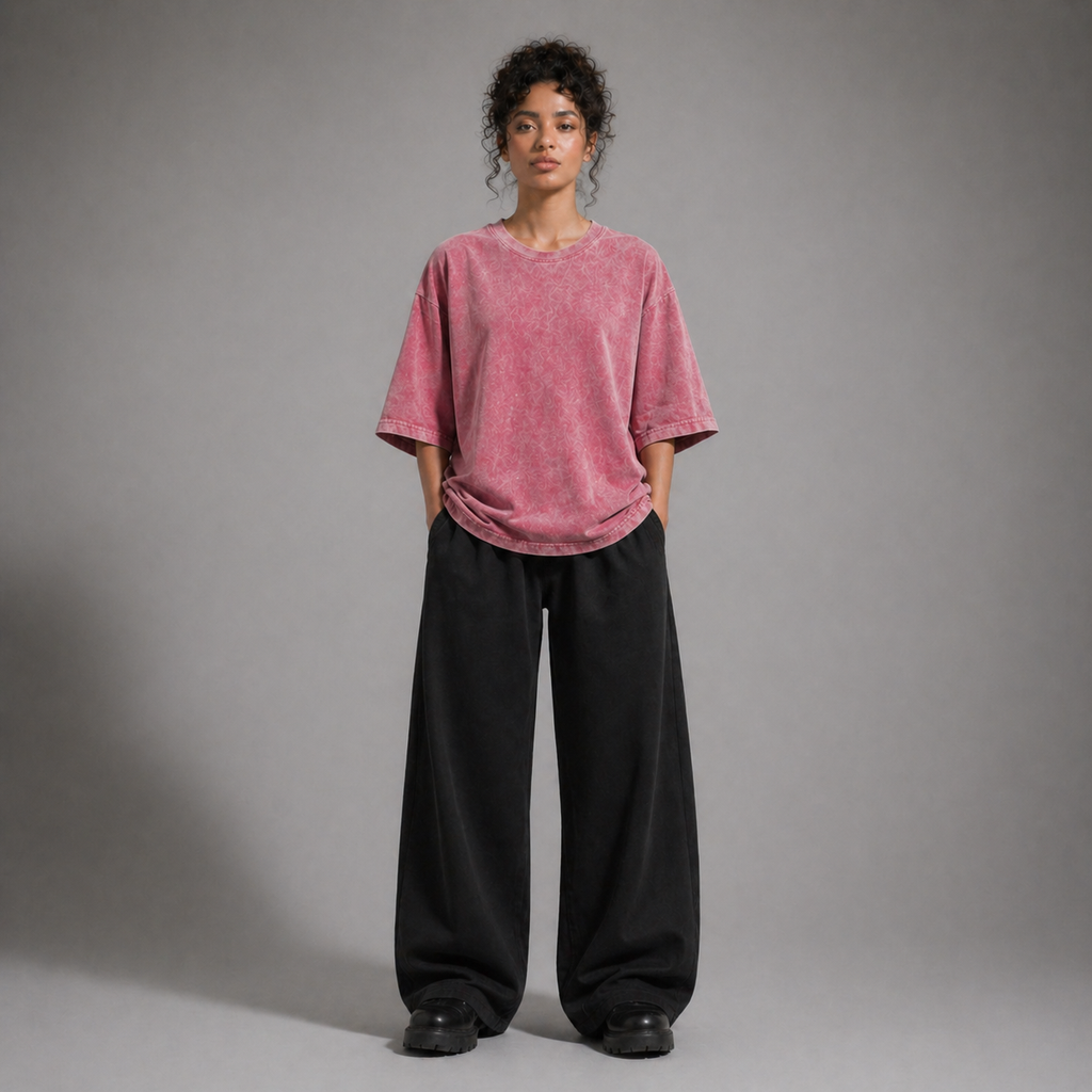 Person wearing a pink oversized shirt and black pants against a gray background