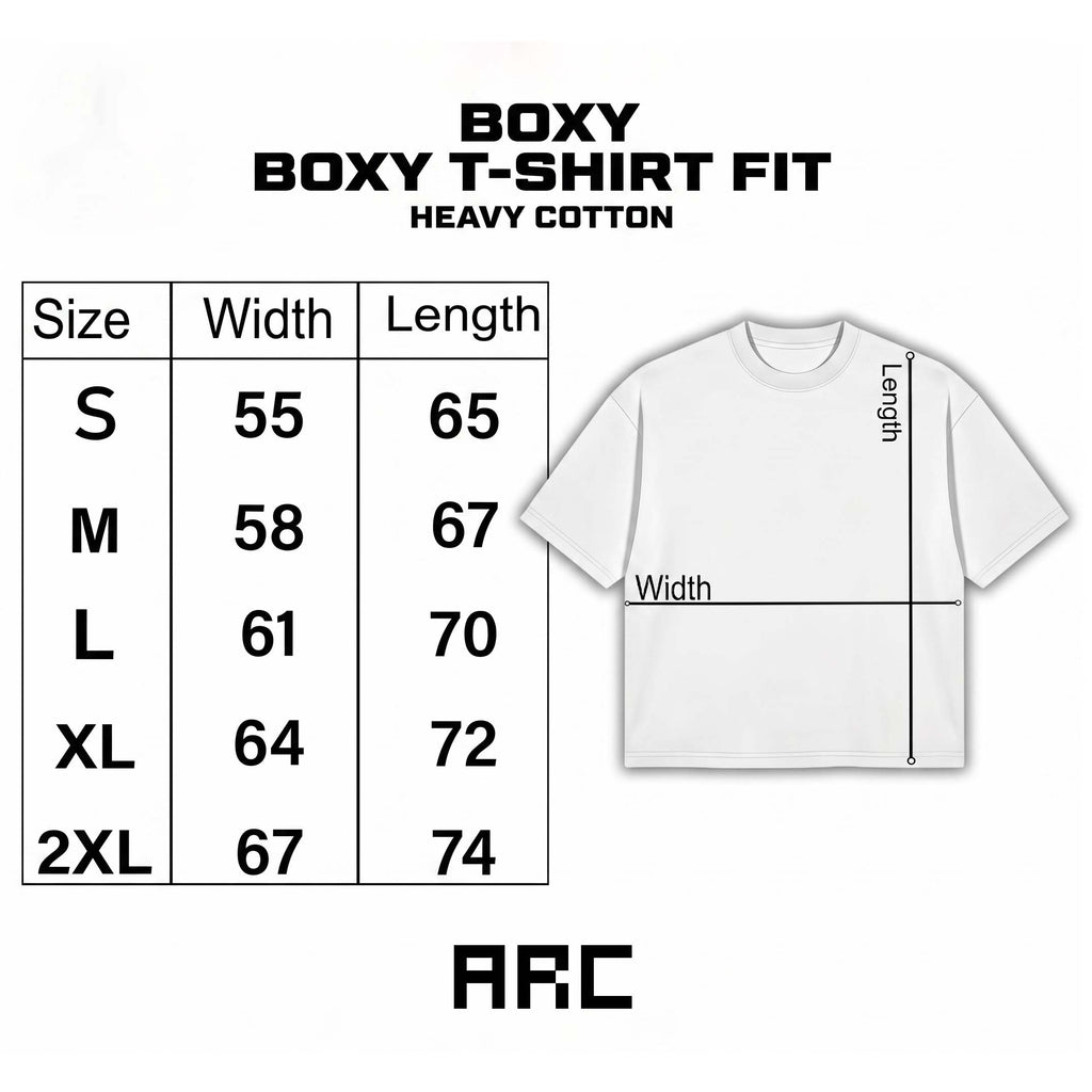 White t-shirt with size chart and measurements on a white background