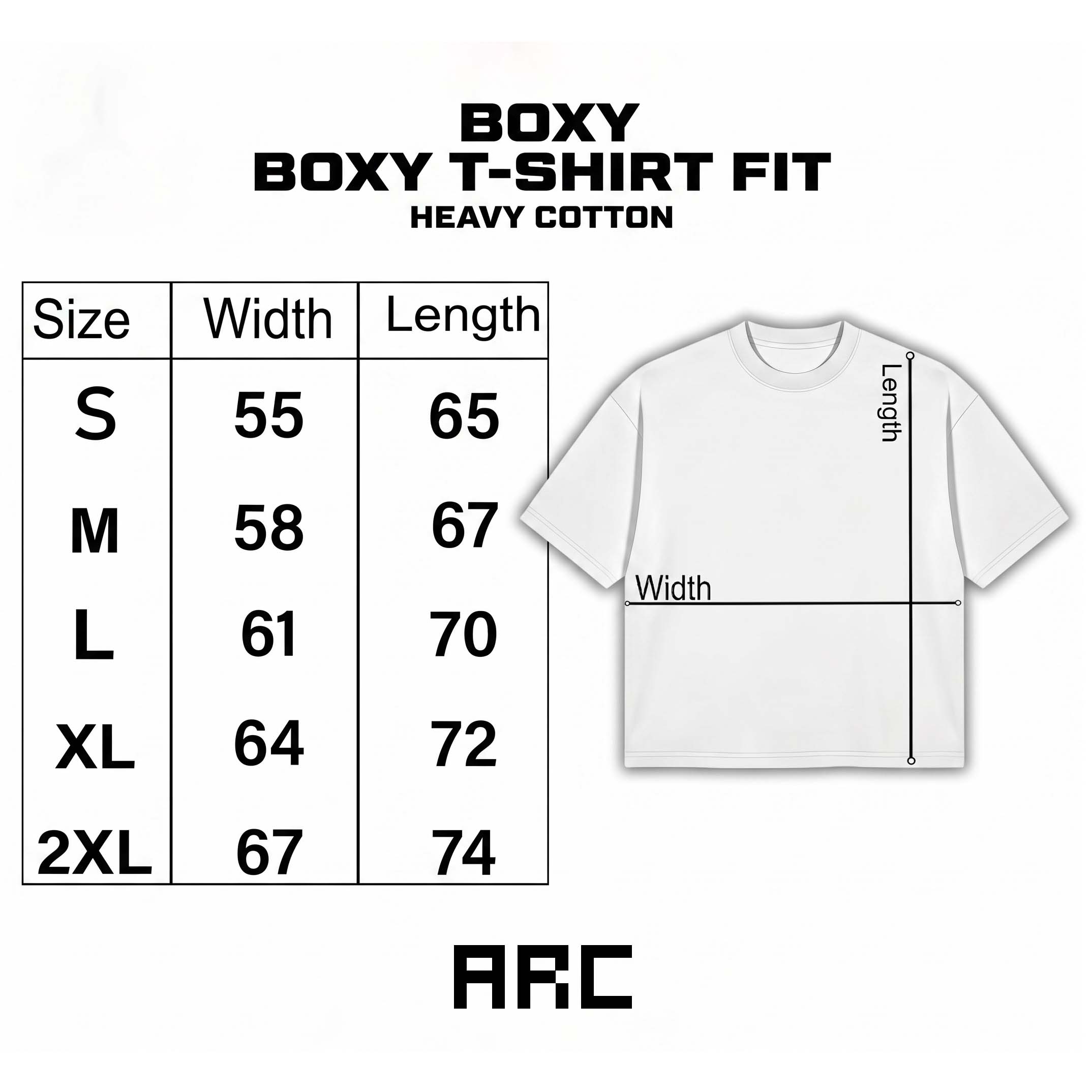 White t-shirt with size chart and measurements on a white background