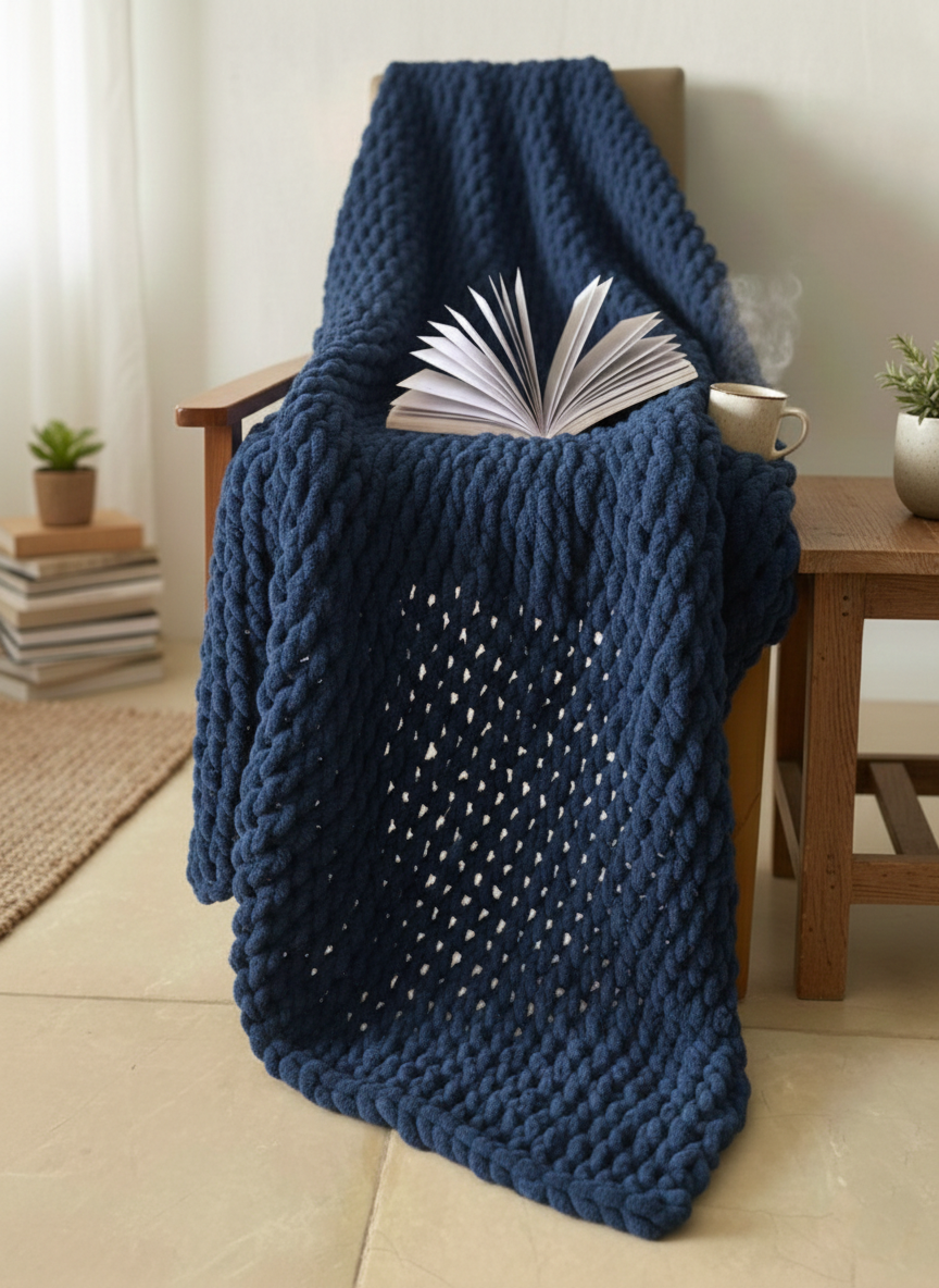 Chunky Knit Throw Blanket - Slate Blue