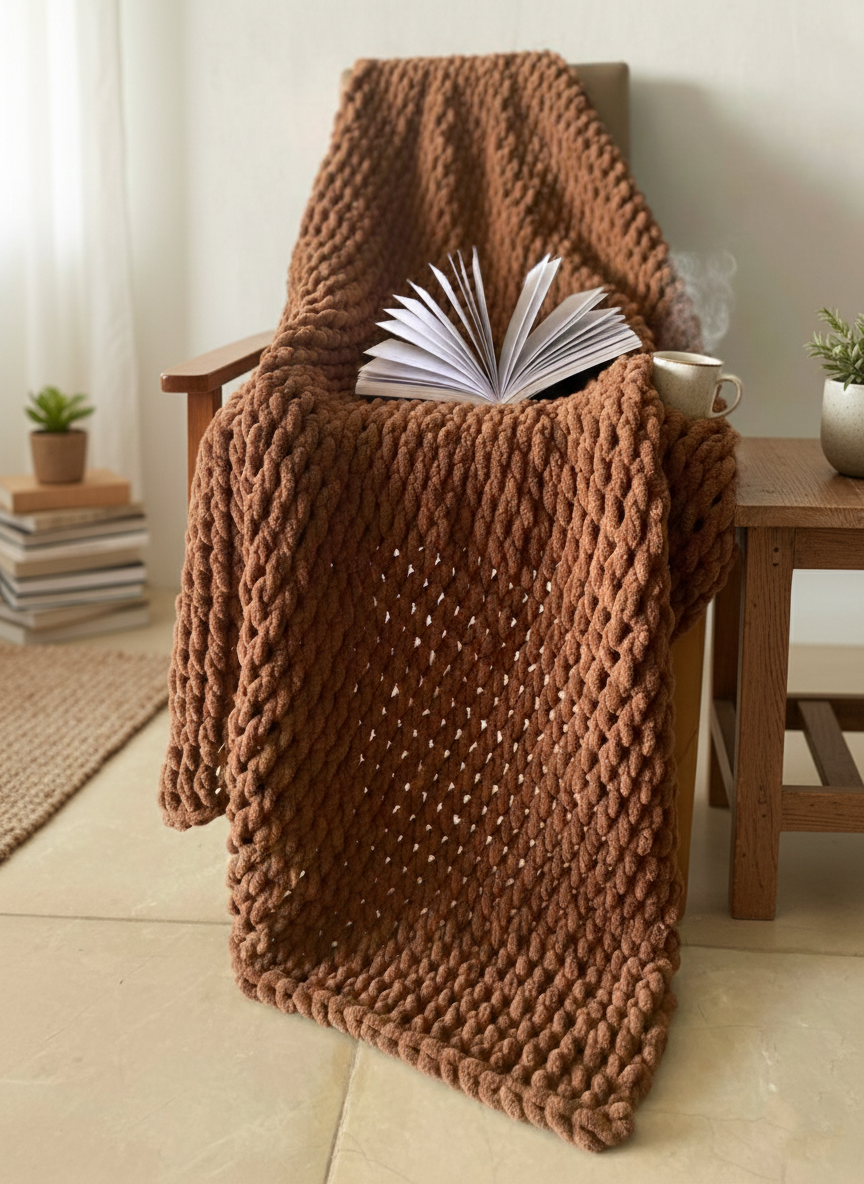 Chunky Knit Throw Blanket - Rust Brown