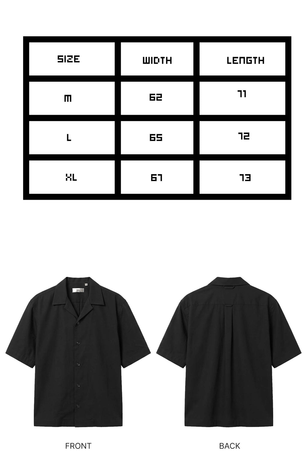 Black shirt with size chart and front/back views on a white background
Size chart for ARC Black Boxy Fit Shirt with detailed measurements for chest width, shirt length, sleeve length, and available sizes.
