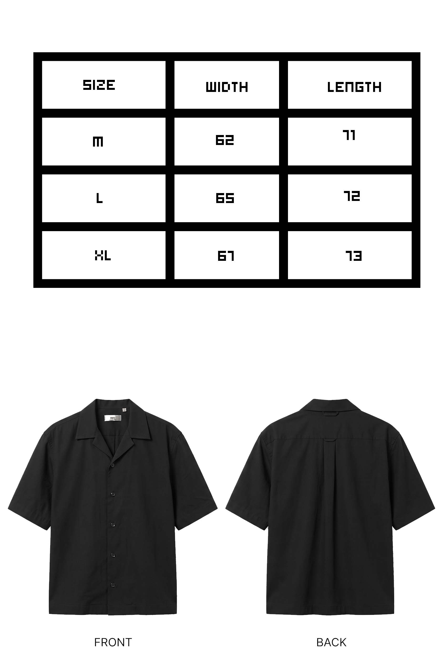 Black shirt with size chart and front/back views on a white background
Size chart for ARC Black Boxy Fit Shirt with detailed measurements for chest width, shirt length, sleeve length, and available sizes.