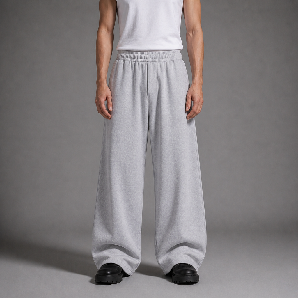 Person wearing light gray wide-leg pants and a white top on a gray 
background
-----------------------------------------
شخص يرتدي بنطالًا واسع الساق باللون الرمادي الفاتح وتوب أبيض على خلفية رمادية.