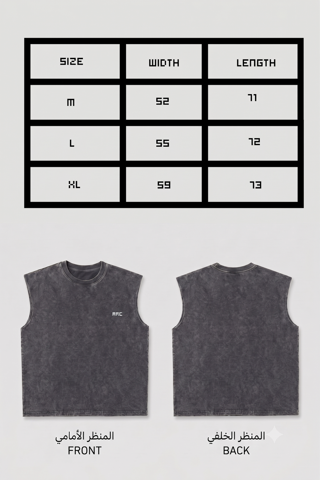 Gray sleeveless shirt with size chart and front/back views on a light gray background Size chart for ARC Sleeveless Acid Wash T-Shirt with measurements for chest width, length, and available sizes.