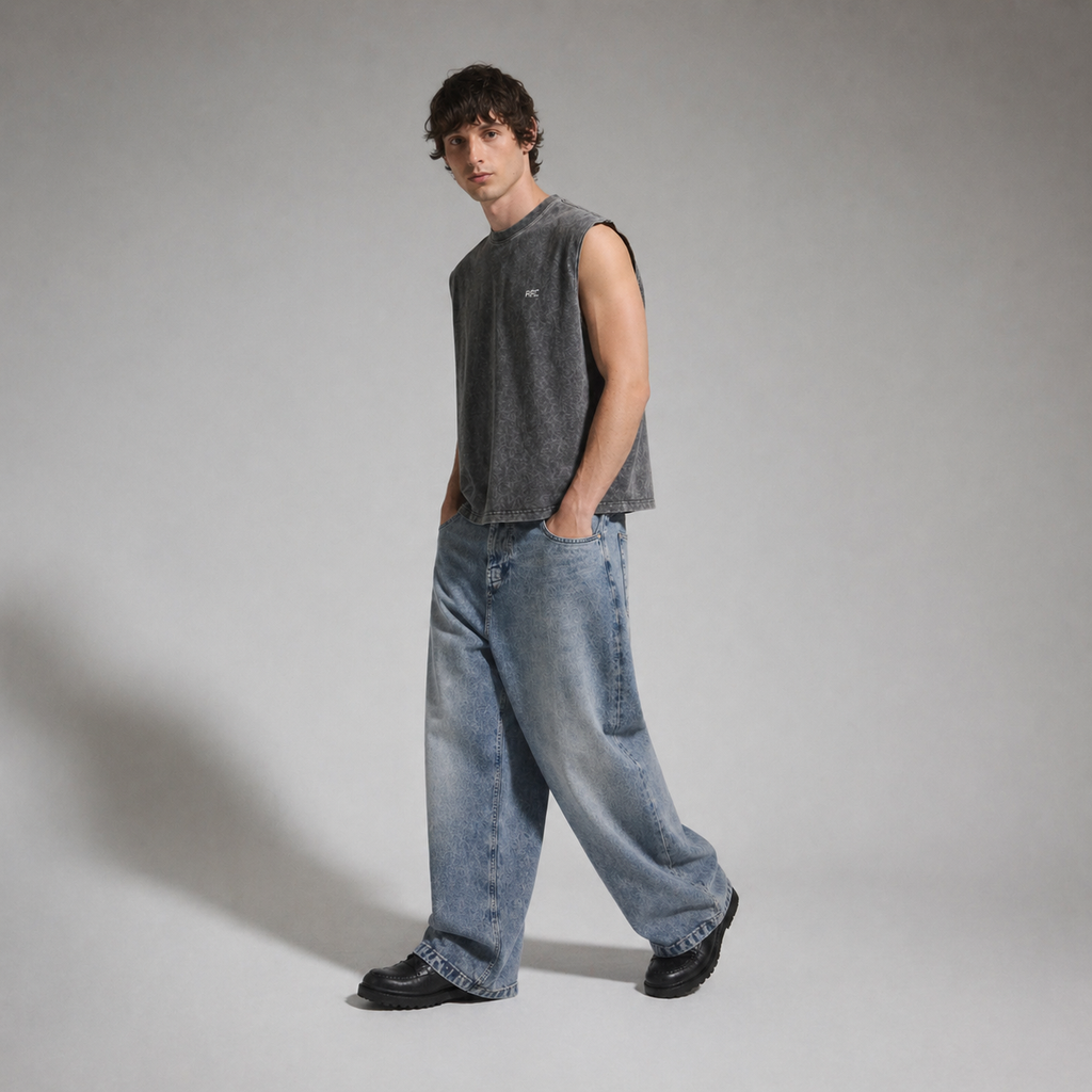 Person wearing a sleeveless shirt and jeans on a gray background
Three-quarter angle of ARC Sleeveless Acid Wash T-Shirt showcasing the acid wash finish and modern streetwear style.