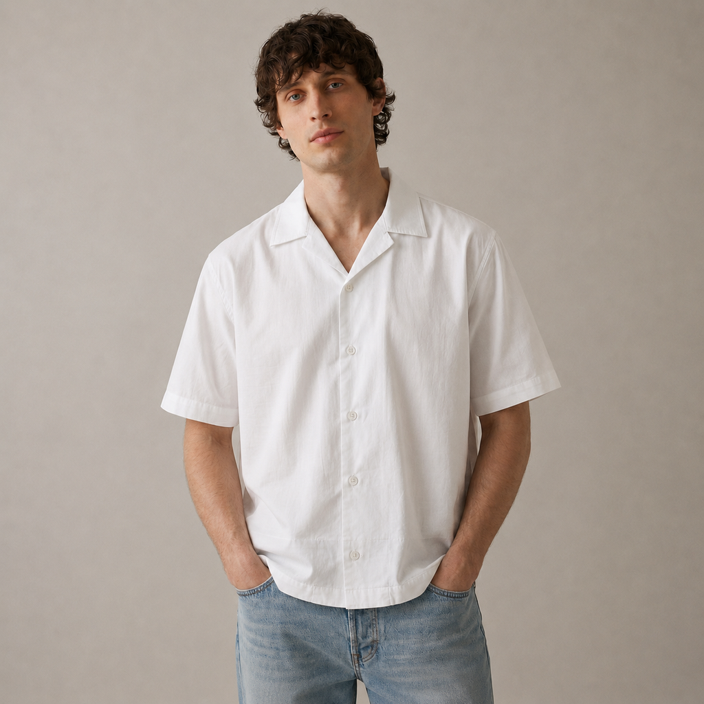 Man wearing a white short-sleeve shirt and blue jeans against a plain background
ARC White Boxy Fit Shirt front view featuring a clean white design, boxy fit silhouette, and modern men's casual style.