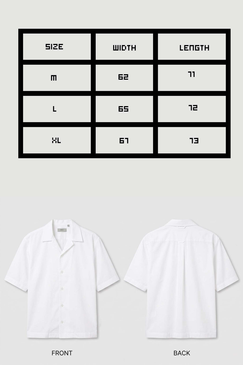 Measurement chart for a white shirt with size dimensions on a light gray background
Size chart for ARC White Boxy Fit Shirt with detailed measurements for chest width, shirt length, sleeve length, and available sizes.