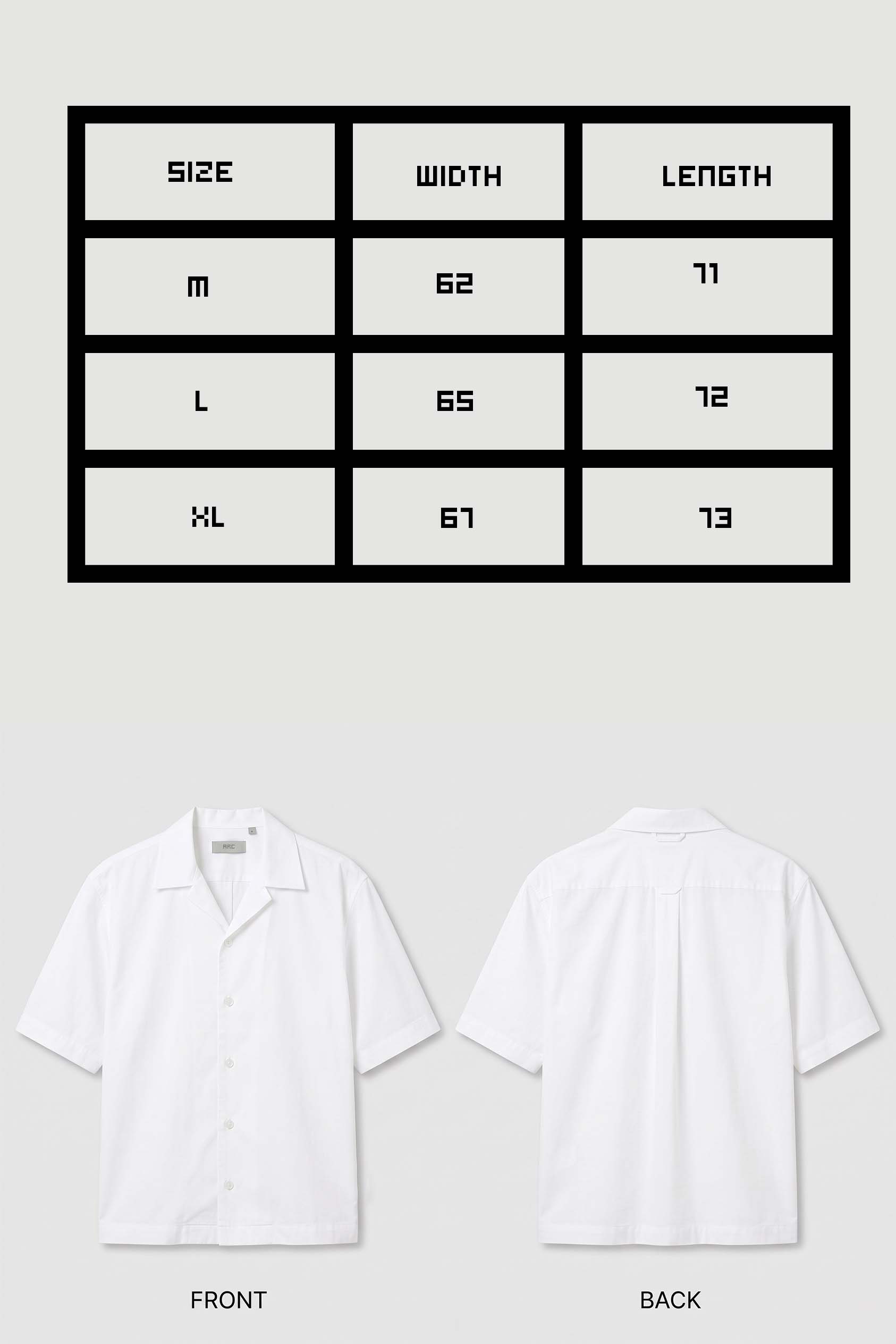 Measurement chart for a white shirt with size dimensions on a light gray background
Size chart for ARC White Boxy Fit Shirt with detailed measurements for chest width, shirt length, sleeve length, and available sizes.