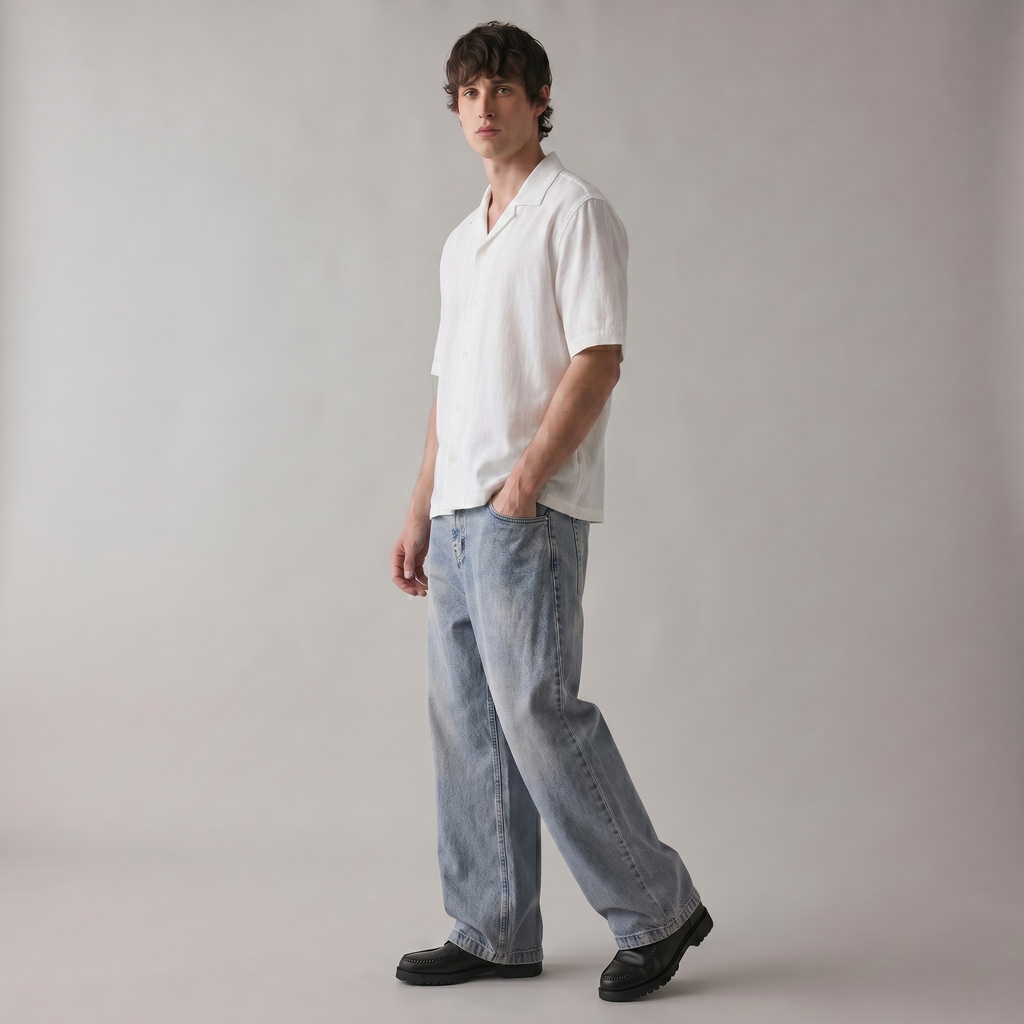Man wearing a white shirt and light blue jeans against a plain background
Three-quarter angle of ARC White Boxy Fit Shirt showcasing its oversized boxy fit and premium minimalist design.