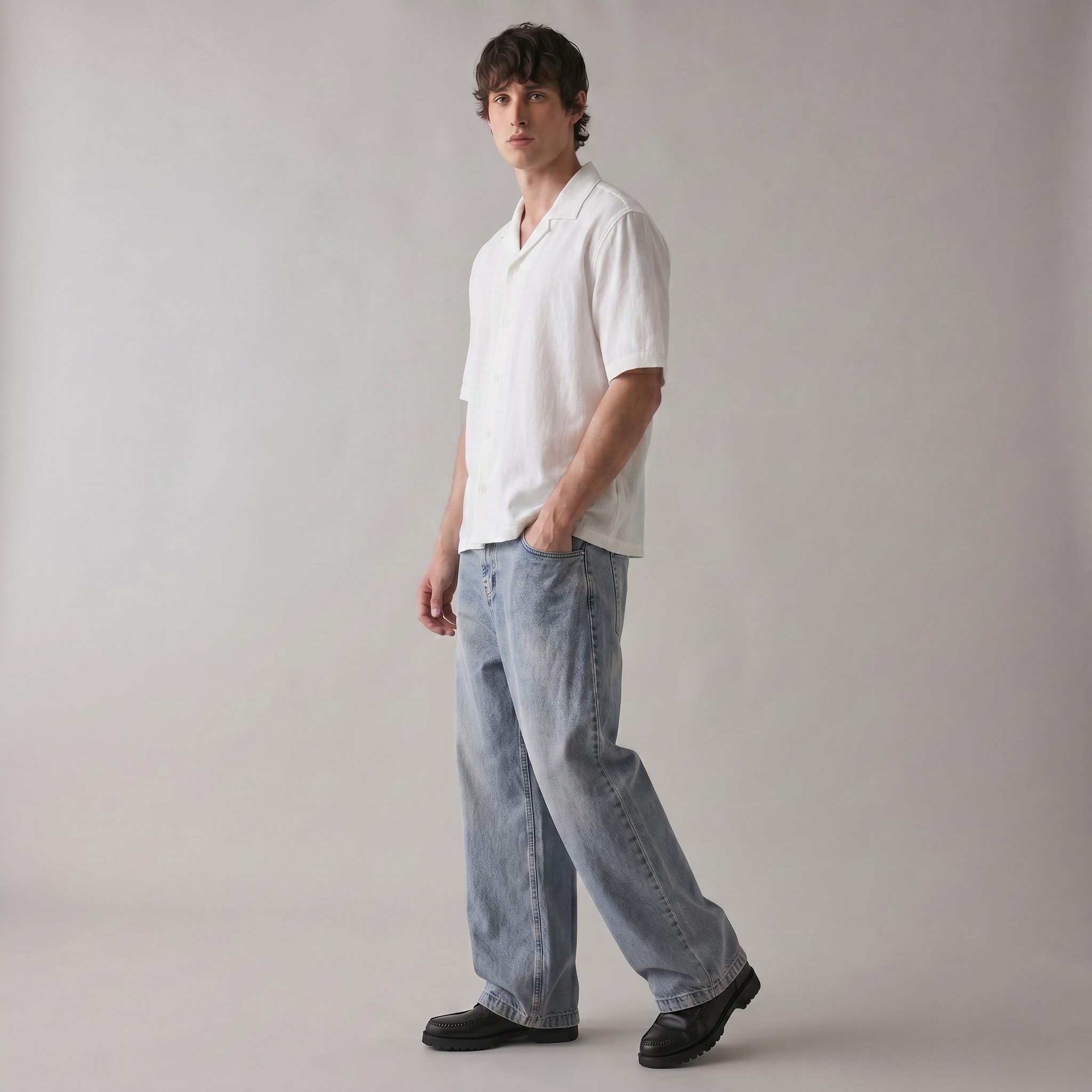 Man wearing a white shirt and light blue jeans against a plain background
Three-quarter angle of ARC White Boxy Fit Shirt showcasing its oversized boxy fit and premium minimalist design.